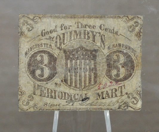 1860s N.D. Manchester NH Quimby's Periodical Mart 3 Cents Scrip - Rare New Hampshire Obsolete Three Cent Store Note