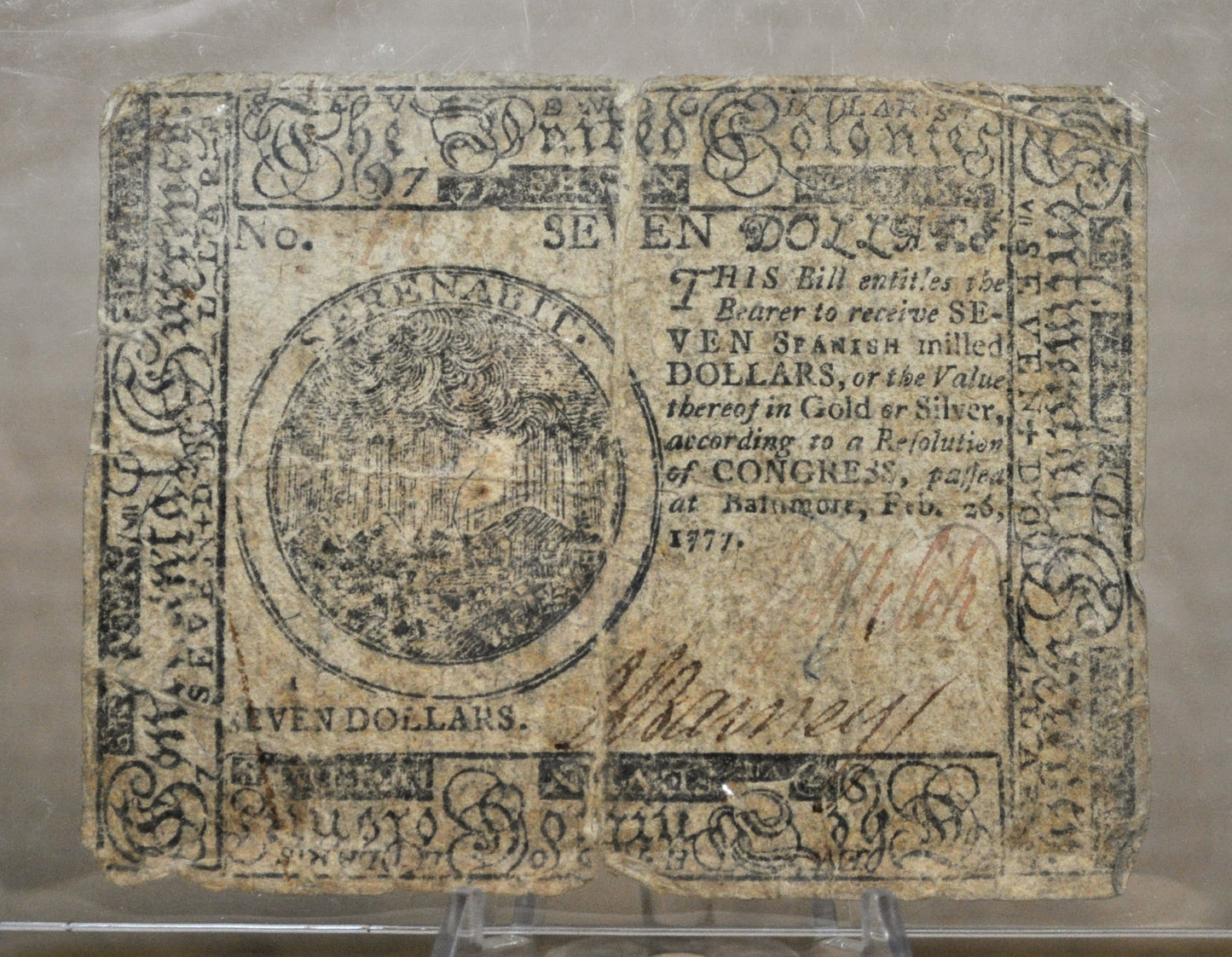 Feb 26th, 1777, Continental Currency 7 Dollar Banknote - Revolutionary War Note - Baltimore Issue Seven Dollars Continental Congress Note