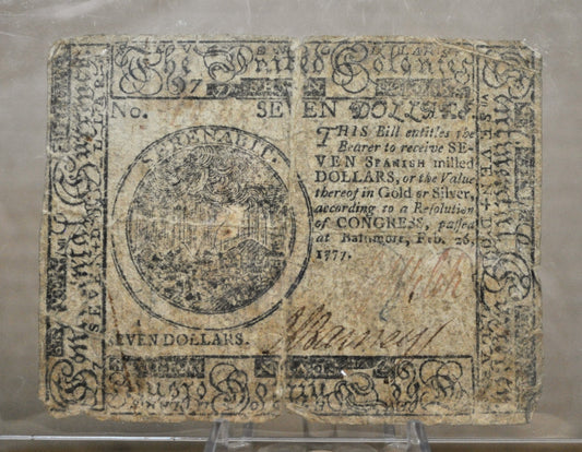 Feb 26th, 1777, Continental Currency 7 Dollar Banknote - Revolutionary War Note - Baltimore Issue Seven Dollars Continental Congress Note