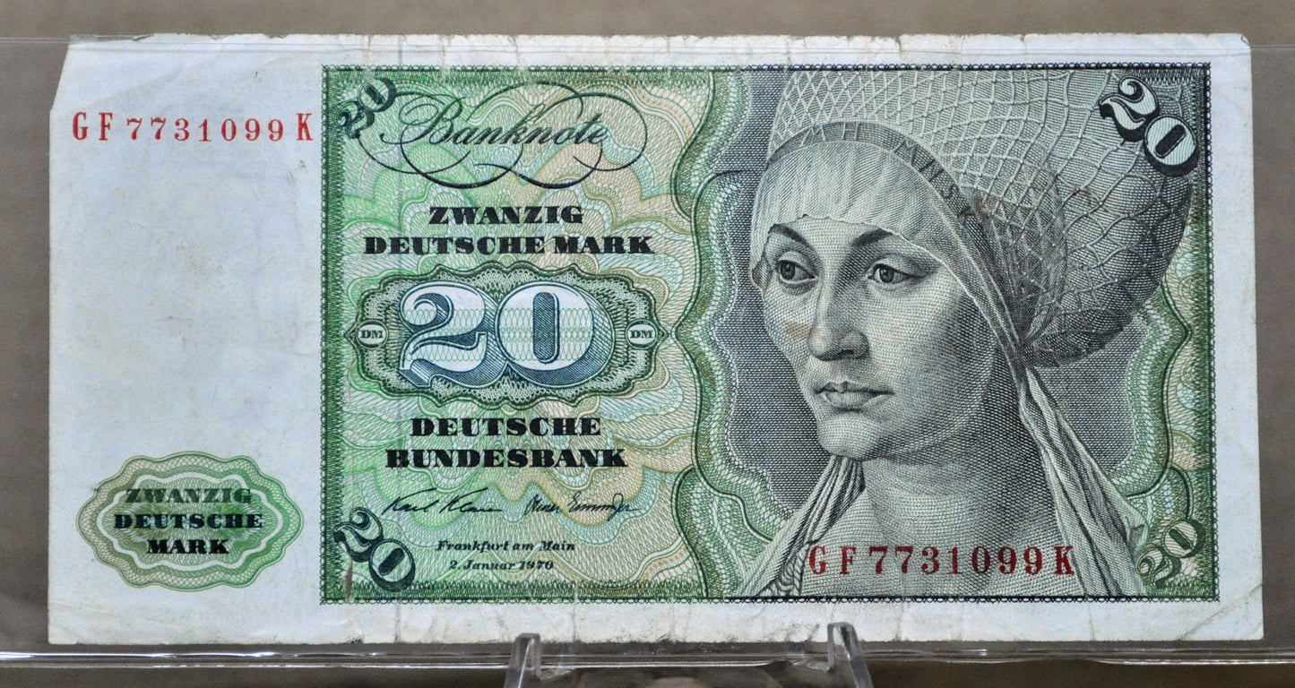 1970 Germany 20 Deutsche Mark Banknote - Deutsche Bundesbank - Very Fine (VF) - 1970 German Twenty Deutsche Mark Note - P#32a