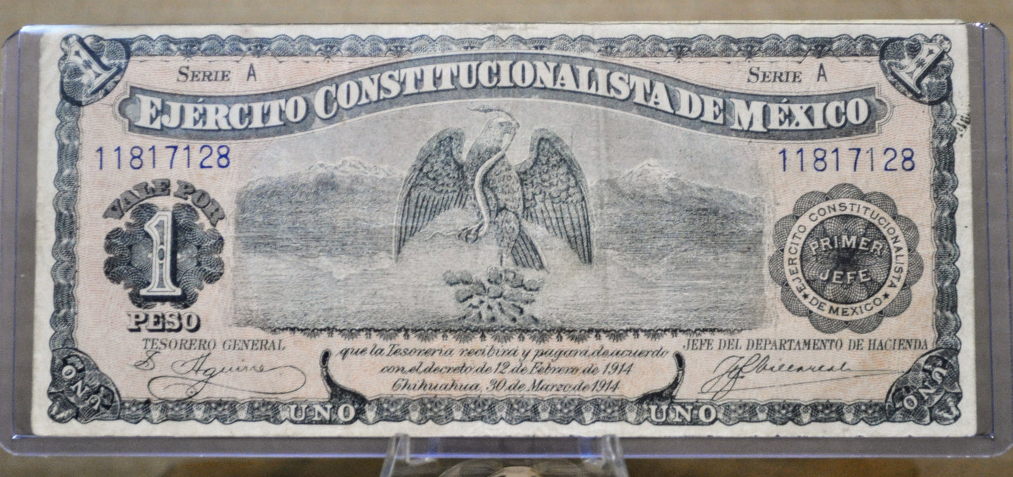 1914 Mexican Revolution 1 Peso Bank Note - Ejercito Constitutionalista de Mexico - Rarer 1914 Mexico One Peso Banknote - P#S523a