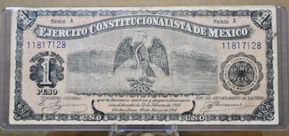 1914 Mexican Revolution 1 Peso Bank Note - Ejercito Constitutionalista de Mexico - Rarer 1914 Mexico One Peso Banknote - P#S523a