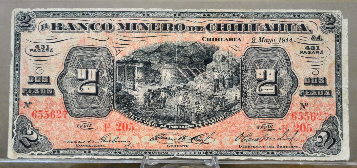 1914 El Banco Minero de Chihuahua Mexican Revolution 2 Peso Note - Series E205 - Rarer 1914 Mexico Two Peso Banknote - P#S184