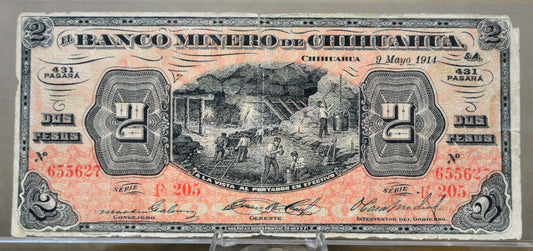 1914 El Banco Minero de Chihuahua Mexican Revolution 2 Peso Note - Series E205 - Rarer 1914 Mexico Two Peso Banknote - P#S184