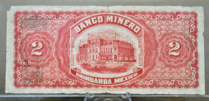 1914 El Banco Minero de Chihuahua Mexican Revolution 2 Peso Note - Series E205 - Rarer 1914 Mexico Two Peso Banknote - P#S184
