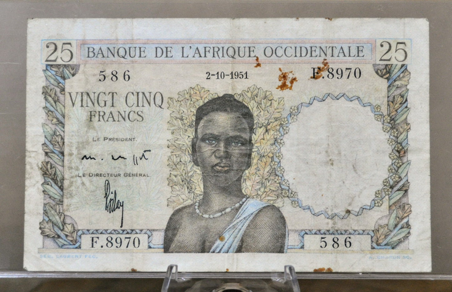 1951 Bank of West Africa 25 Franc Banknote - 2-10-1951 Rare Date - Rare 25 Francs Banknote Banque de L'Afrique Occidentale - P#38