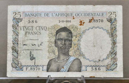 1951 Bank of West Africa 25 Franc Banknote - 2-10-1951 Rare Date - Rare 25 Francs Banknote Banque de L'Afrique Occidentale - P#38