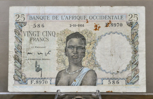 1951 Bank of West Africa 25 Franc Banknote - 2-10-1951 Rare Date - Rare 25 Francs Banknote Banque de L'Afrique Occidentale - P#38