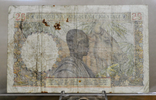 1951 Bank of West Africa 25 Franc Banknote - 2-10-1951 Rare Date - Rare 25 Francs Banknote Banque de L'Afrique Occidentale - P#38