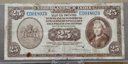 1943 Dutch East Indies 25 Gulden Banknote - 1943 Muntbiljet Issue - Netherlands Indies WWII Occupation Twenty-Five Gulden Note - P#115a