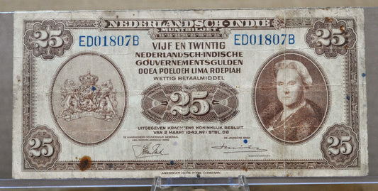 1943 Dutch East Indies 25 Gulden Banknote - 1943 Muntbiljet Issue - Netherlands Indies WWII Occupation Twenty-Five Gulden Note - P#115a