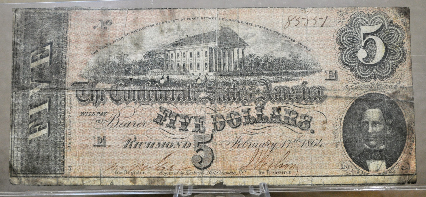 1864 Confederate States of America 5 Dollar Bill - Civil War Issue - Choice of Grade - Confederate Five Dollar Richmond Note - T-69 / CS-69