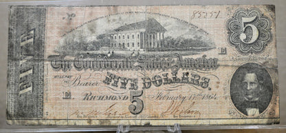 1864 Confederate States of America 5 Dollar Bill - Civil War Issue - Choice of Grade - Confederate Five Dollar Richmond Note - T-69 / CS-69