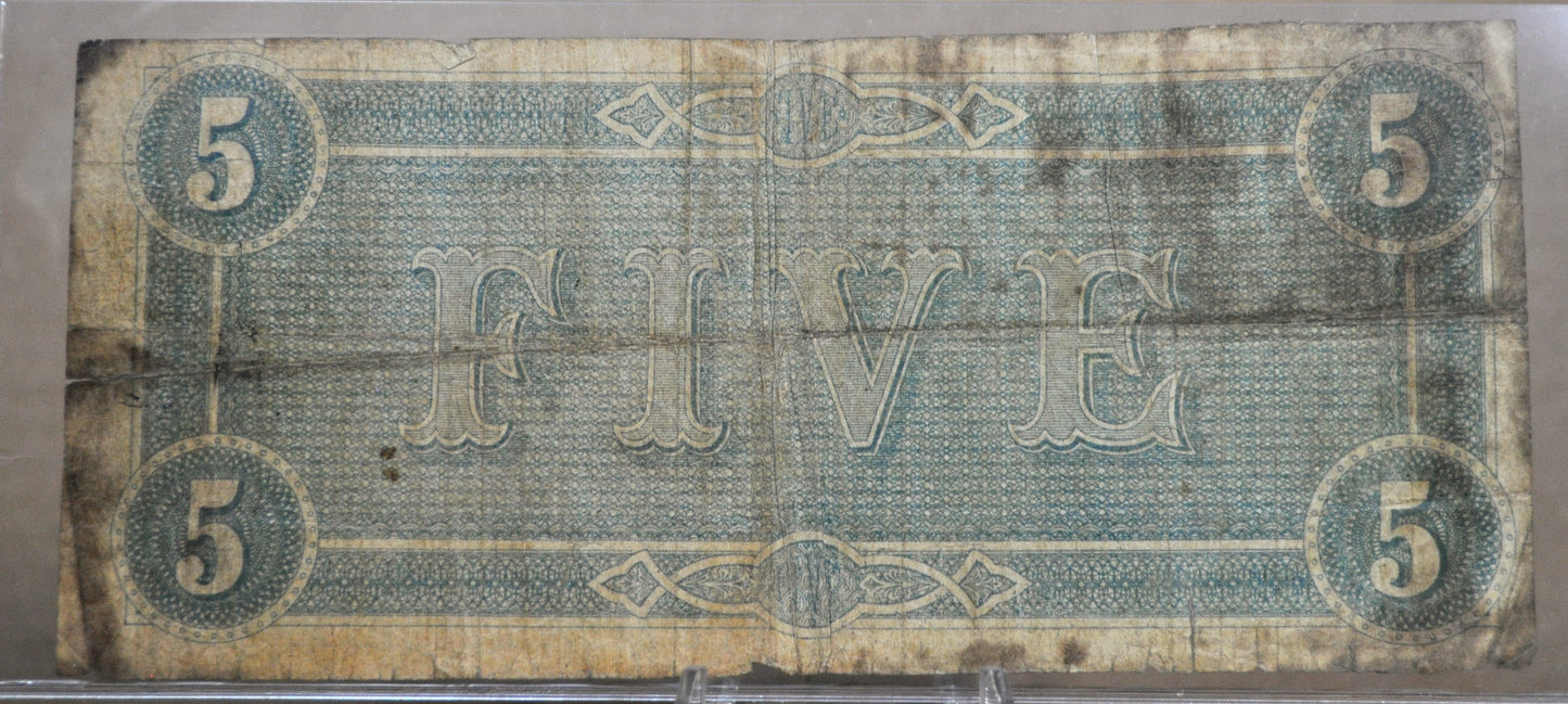 1864 Confederate States of America 5 Dollar Bill - Civil War Issue - Choice of Grade - Confederate Five Dollar Richmond Note - T-69 / CS-69