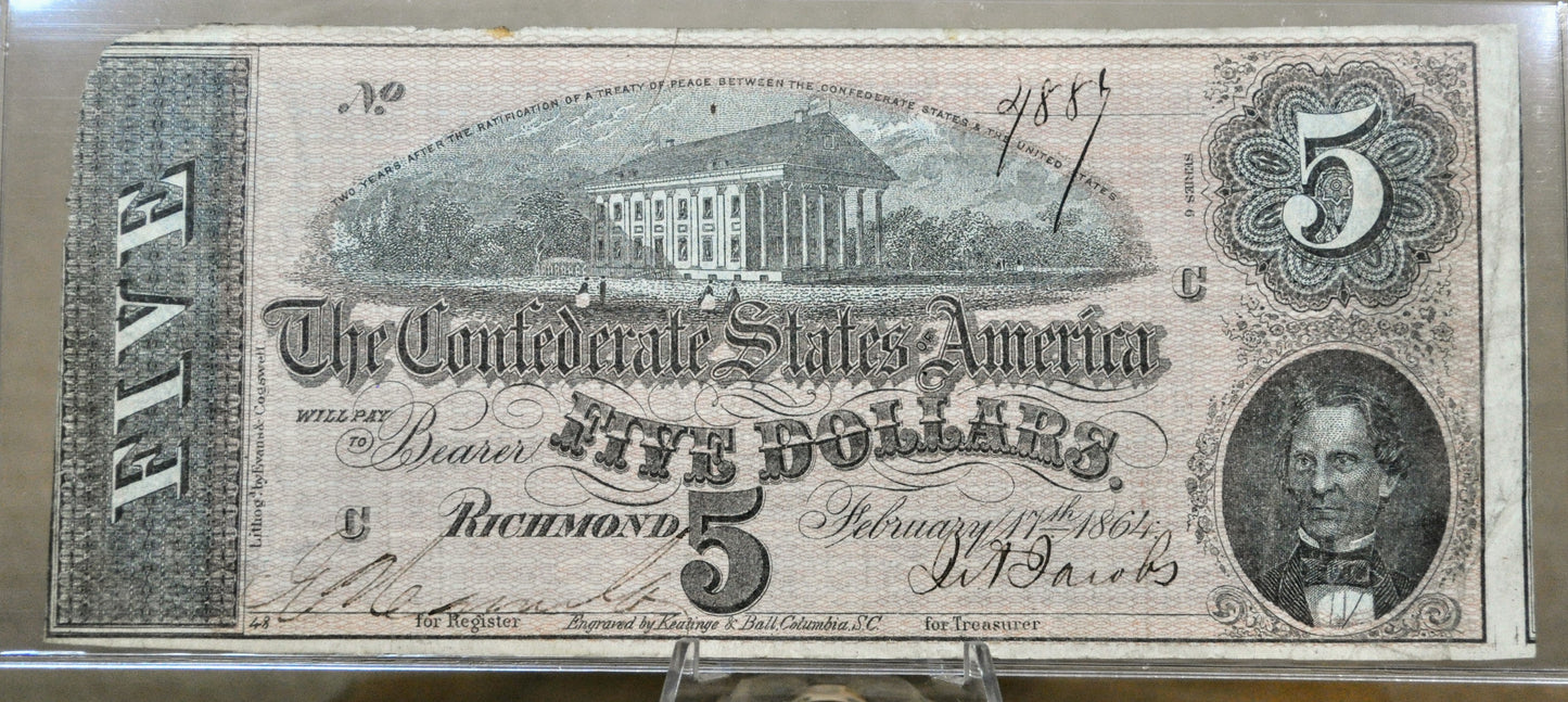 1864 Confederate States of America 5 Dollar Bill - Civil War Issue - Choice of Grade - Confederate Five Dollar Richmond Note - T-69 / CS-69