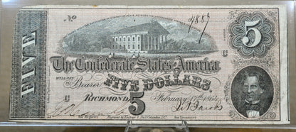 1864 Confederate States of America 5 Dollar Bill - Civil War Issue - Choice of Grade - Confederate Five Dollar Richmond Note - T-69 / CS-69