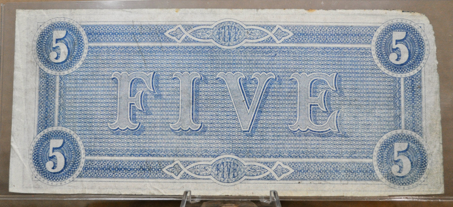 1864 Confederate States of America 5 Dollar Bill - Civil War Issue - Choice of Grade - Confederate Five Dollar Richmond Note - T-69 / CS-69