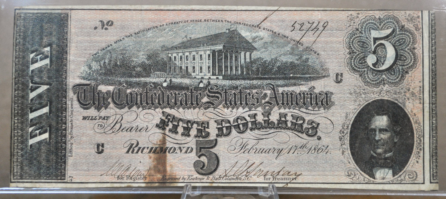 1864 Confederate States of America 5 Dollar Bill - Civil War Issue - Choice of Grade - Confederate Five Dollar Richmond Note - T-69 / CS-69