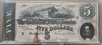 1864 Confederate States of America 5 Dollar Bill - Civil War Issue - Choice of Grade - Confederate Five Dollar Richmond Note - T-69 / CS-69