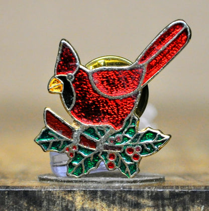 Vintage Cardinal and Holly Holiday Enamel Lapel Pin - Crown and Fish Pin - Christmas Winter Lapel Pin