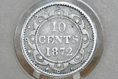 1872 Newfoundland Silver 10 Cent Coin - VG/Fine - Low Mintage - 10 Cents Newfoundland 1872