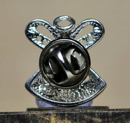 Stunning Silver Toned Amethyst Guardian Angel Lapel Pin - DM Signed Pin - Vintage Silver Angelic Pin