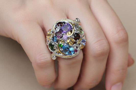 Multicolored gemstone ring with intricate design
