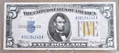 1934-A 5 Dollar Silver Certificate North Africa Yellow Seal - AU Grade / Condition - 1934 North Africa Five Dollar Silver Cert 1934 Fr#2307