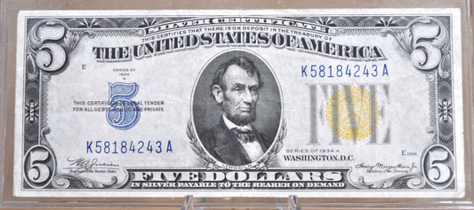 1934-A 5 Dollar Silver Certificate North Africa Yellow Seal - AU Grade / Condition - 1934 North Africa Five Dollar Silver Cert 1934 Fr#2307