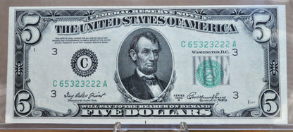 1950-A US 5 Dollar Fancy Serial Number Note - 65323222 - Philadelphia (C) Issue - 1950A Five Dollar Federal Reserve Note - Fr.1962-C