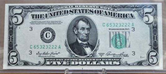 1950-A US 5 Dollar Fancy Serial Number Note - 65323222 - Philadelphia (C) Issue - 1950A Five Dollar Federal Reserve Note - Fr.1962-C