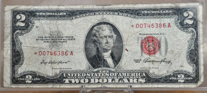 1953 STAR Red Seal 2 Dollar Low Serial Number Note - VG (Very Good) Grade - 00746386 - 1953 Two Dollar U.S. Star Note - Fr#1509*