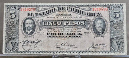 1915 Chihuahua Revolutionary 5 Pesos Note - Series H - Black Scalloped Seal - 1915 Mexico Revolution Five Pesos Note - P#S532