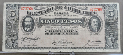 1914 Chihuahua Revolutionary 5 Pesos Note - Series C - Choose by Seal Type - 1914 Mexico Revolution Five Pesos Note - P#S531d P#S531f