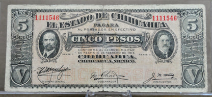 1914 Chihuahua Revolutionary 5 Pesos Note - Series C - Choose by Seal Type - 1914 Mexico Revolution Five Pesos Note - P#S531d P#S531f