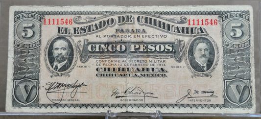 1914 Chihuahua Revolutionary 5 Pesos Note - Series C - Choose by Seal Type - 1914 Mexico Revolution Five Pesos Note - P#S531d P#S531f