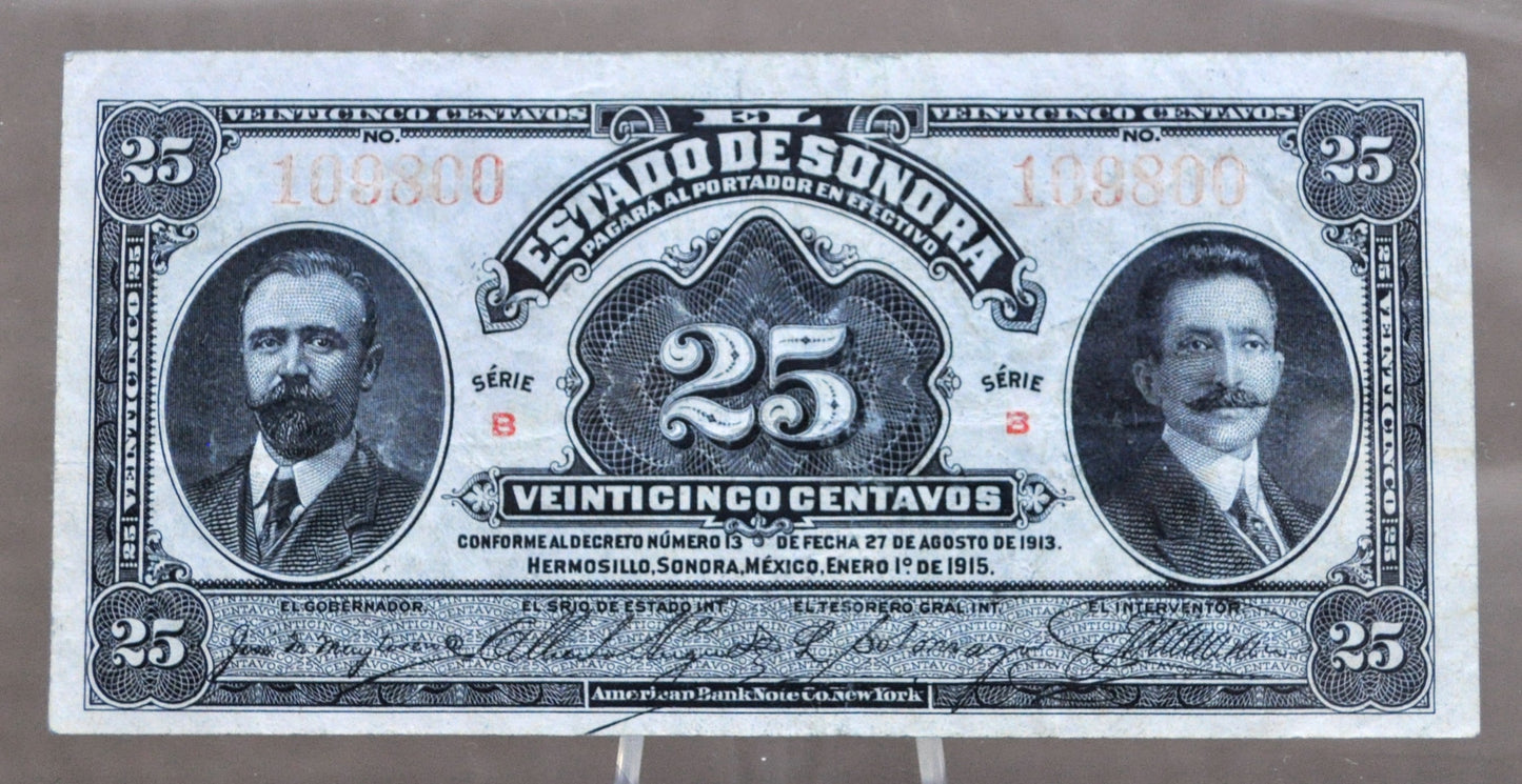 1915 El Estado de Sonora Mexico 25 Centavos Note - Series B, Decree No. 13 - 1915 Mexico Revolution Twenty-Five Centavo Note - P#S1069