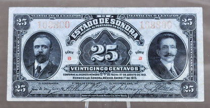 1915 El Estado de Sonora Mexico 25 Centavos Note - Series B, Decree No. 13 - 1915 Mexico Revolution Twenty-Five Centavo Note - P#S1069