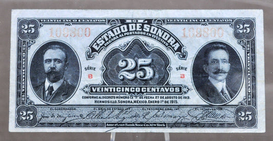 1915 El Estado de Sonora Mexico 25 Centavos Note - Series B, Decree No. 13 - 1915 Mexico Revolution Twenty-Five Centavo Note - P#S1069