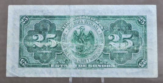 1915 El Estado de Sonora Mexico 25 Centavos Note - Series B, Decree No. 13 - 1915 Mexico Revolution Twenty-Five Centavo Note - P#S1069