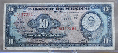 1948 Bank of Mexico 10 Pesos Note - Series BD - Very Fine (VF) - 22 December 1948 - 1948 Mexico Ten Peso Banknote - P#47c