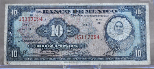1948 Bank of Mexico 10 Pesos Note - Series BD - Very Fine (VF) - 22 December 1948 - 1948 Mexico Ten Peso Banknote - P#47c