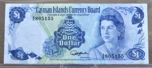 1985 Cayman Islands 1 Dollar Note - A/6 Prefix - Elizabeth II - L. 1974 British Cayman Islands One Dollar Note - P#5e