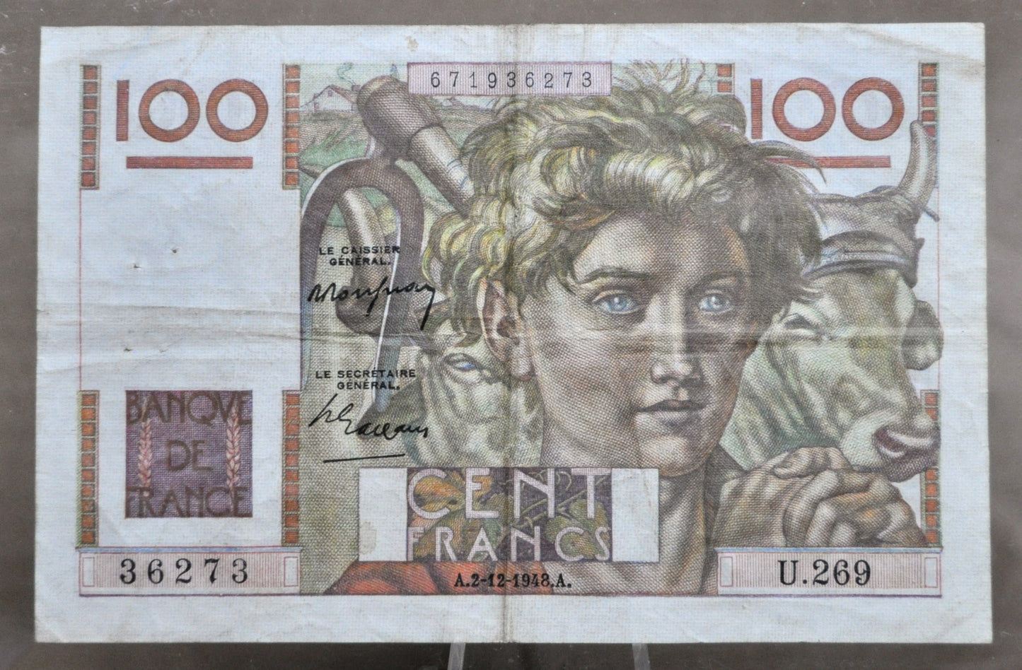 1948 Bank of France 100 Franc Note - Farmer Type - Rarer Date (2-12-1948) - 1948 French One Hundred Francs Banknote - P#128b