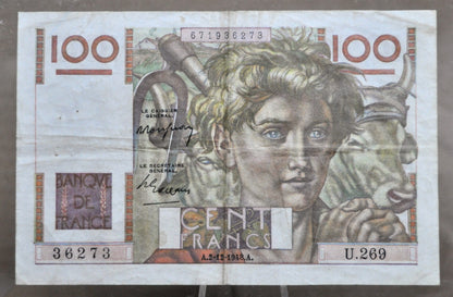 1948 Bank of France 100 Franc Note - Farmer Type - Rarer Date (2-12-1948) - 1948 French One Hundred Francs Banknote - P#128b