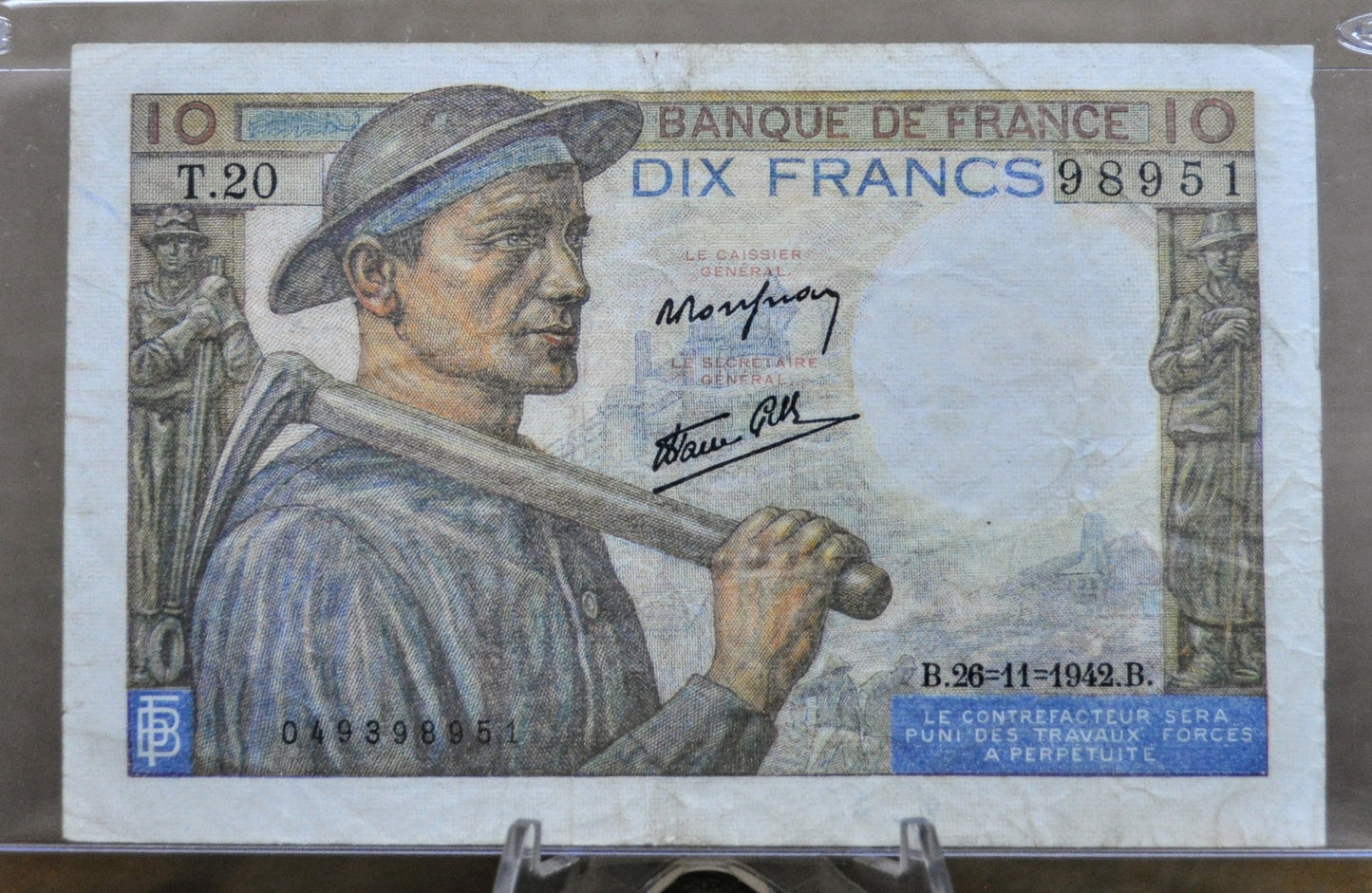 1944 France 10 Franc Banknote - Miner Type, 26-11-1942 - Banque de France Dix Francs Note - French Ten Francs Banknote 1944 - P#99e