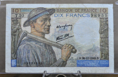 1944 France 10 Franc Banknote - Miner Type, 26-11-1942 - Banque de France Dix Francs Note - French Ten Francs Banknote 1944 - P#99e