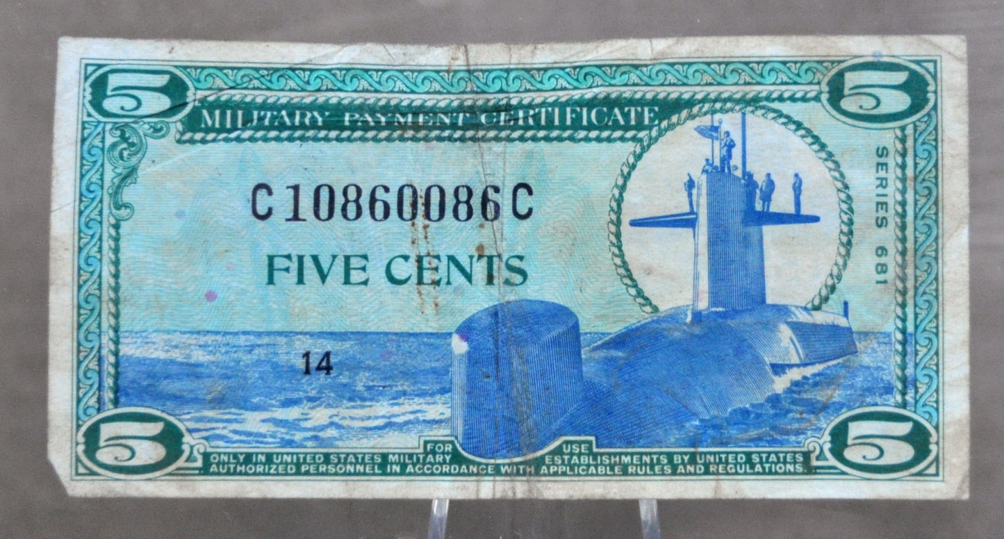 1969 U.S. Military 5 Cent Payment Certificate - Series 681 - Submarine & Astronaut Type - 1969 United States Five Cents MPC Note - P#M75a