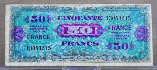 1944 France Allied Military 50 Franc Note - 2nd Issue - No Series Number - 1944 French Fifty Francs Banknote - P#122a