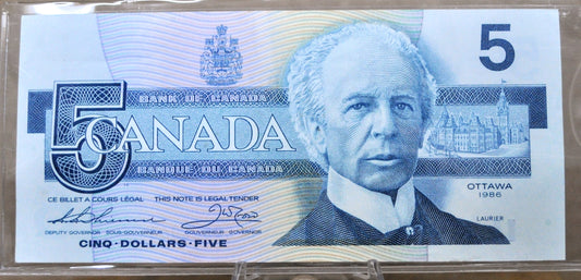 1986 Bank of Canada 5 Dollar Banknote - Choice of Thiessen/Crow or Bonin/Thiessen Signatures - 1986 Canadian Five Dollar Note - P#95b/P#95c